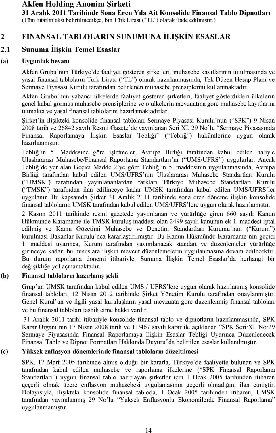 olarak hazırlanmasında, Tek Düzen Hesap Planı ve Sermaye Piyasası Kurulu tarafından belirlenen muhasebe prensiplerini kullanmaktadır.