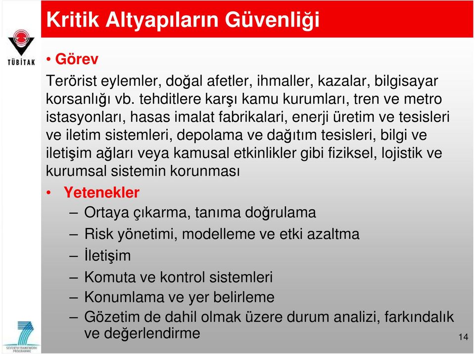 dağıtım tesisleri, bilgi ve iletişim ağları veya kamusal etkinlikler gibi fiziksel, lojistik ve kurumsal sistemin korunması Yetenekler Ortaya çıkarma,