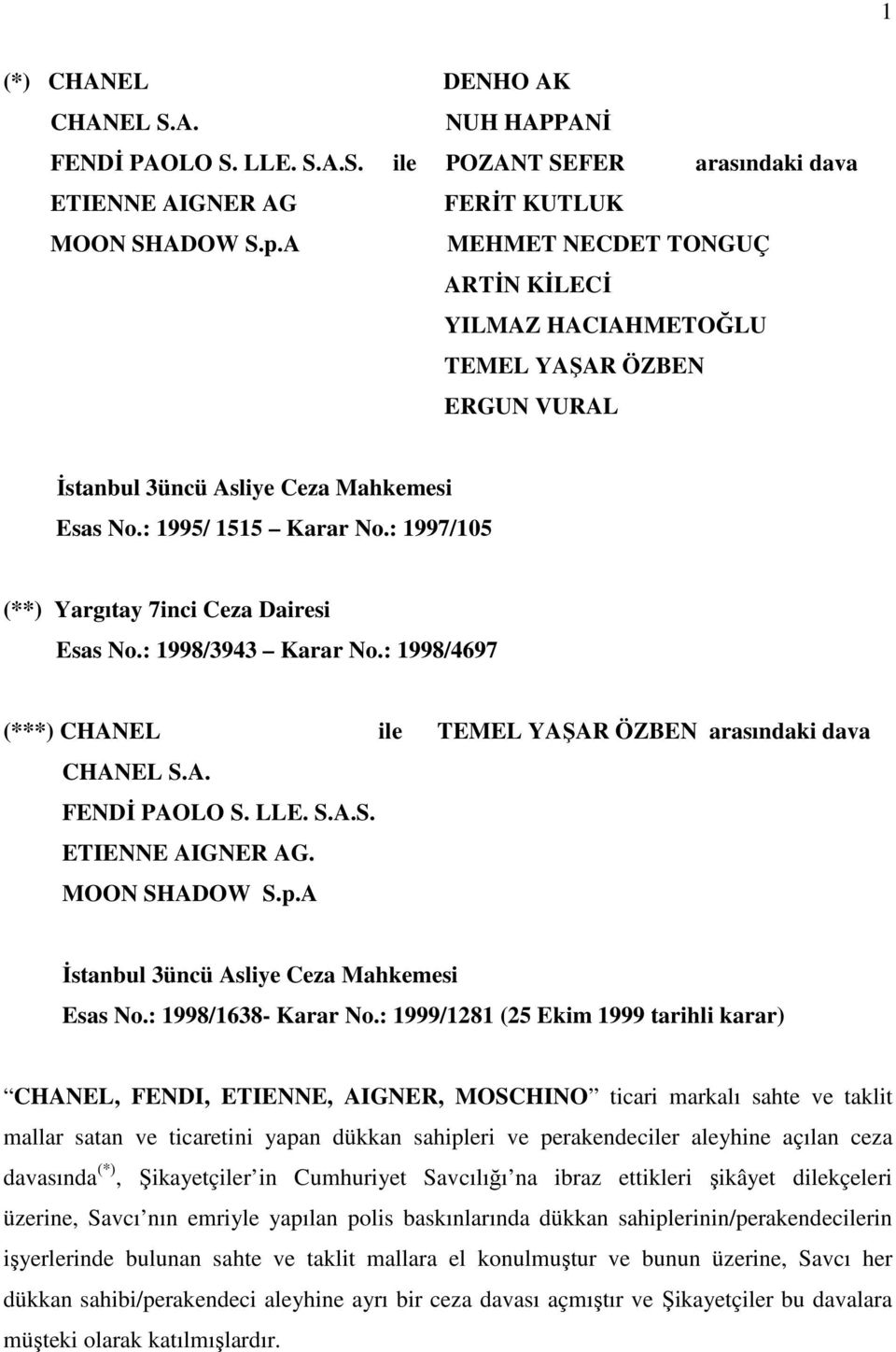 : 1997/105 (**) Yargıtay 7inci Ceza Dairesi Esas No.: 1998/3943 Karar No.: 1998/4697 (***) CHANEL ile TEMEL YAŞAR ÖZBEN arasındaki dava FENDĐ PAOLO S. LLE. S.A.S. ETIENNE AIGNER AG. Esas No.: 1998/1638- Karar No.