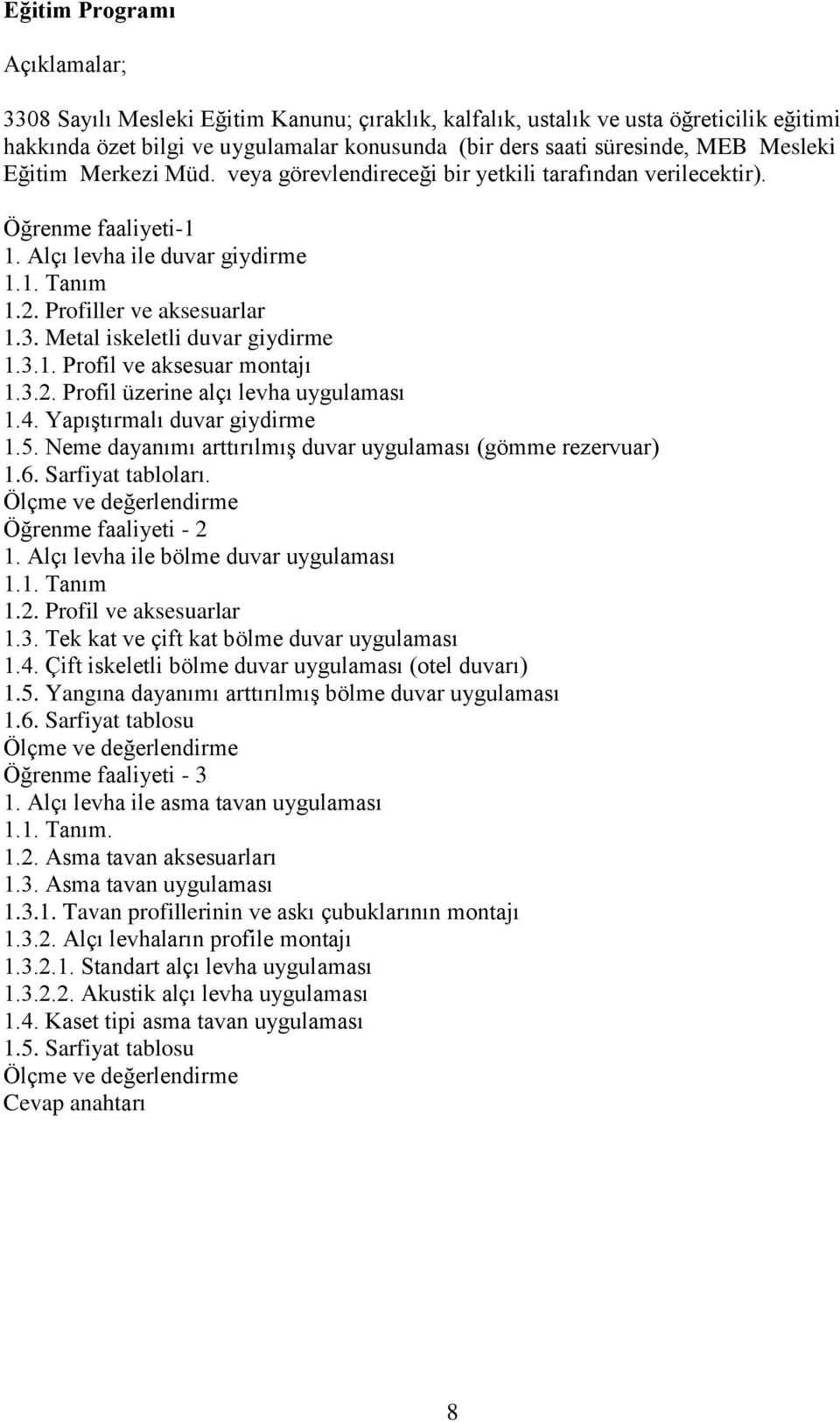 Metal iskeletli duvar giydirme 1.3.1. Profil ve aksesuar montajı 1.3.2. Profil üzerine alçı levha uygulaması 1.4. YapıĢtırmalı duvar giydirme 1.5.