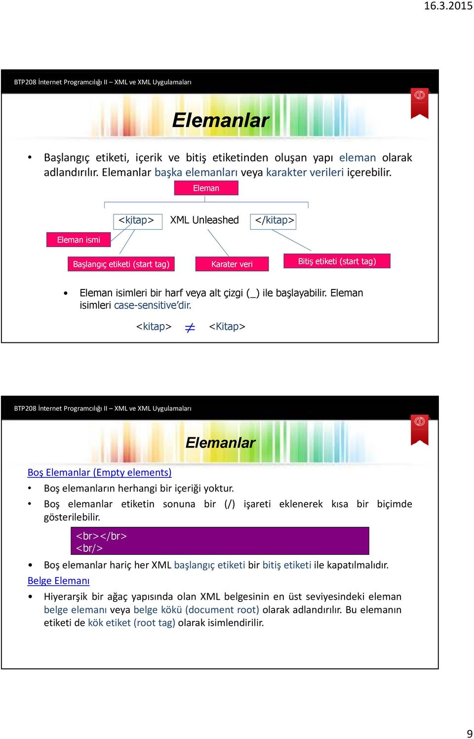 Eleman isimleri case-sensitive dir. <kitap> <Kitap> Elemanlar Boş Elemanlar (Empty elements) Boş elemanların herhangi bir içeriği yoktur.