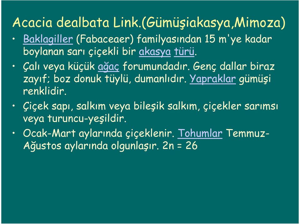 akasya türü. Çalı veya küçük ağaç forumundadır. Genç dallar biraz zayıf; boz donuk tüylü, dumanlıdır.