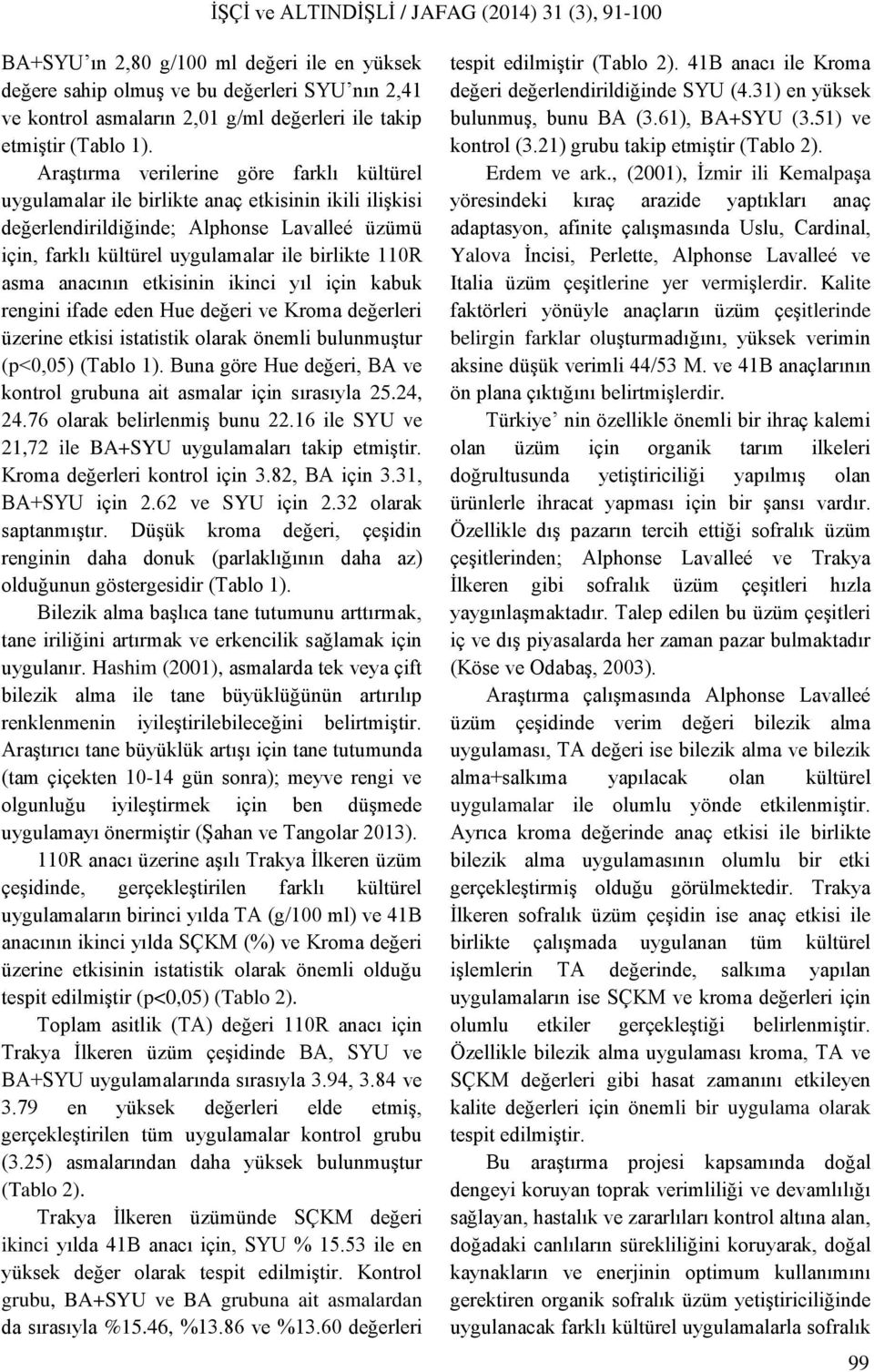 Araştırma verilerine göre farklı kültürel uygulamalar ile birlikte anaç etkisinin ikili ilişkisi değerlendirildiğinde; Alphonse Lavalleé üzümü için, farklı kültürel uygulamalar ile birlikte 110R asma