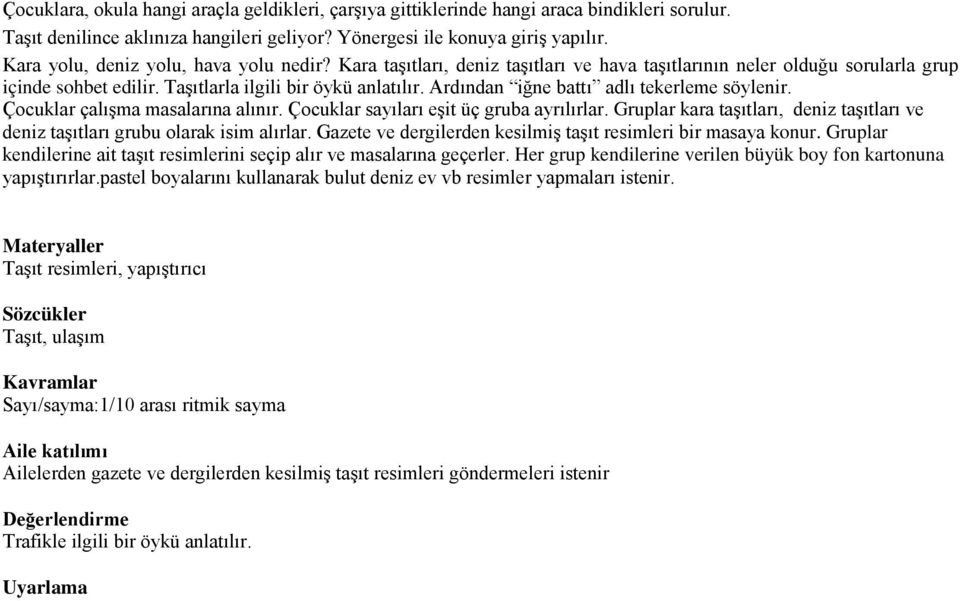 Ardından iğne battı adlı tekerleme söylenir. Çocuklar çalışma masalarına alınır. Çocuklar sayıları eşit üç gruba ayrılırlar.