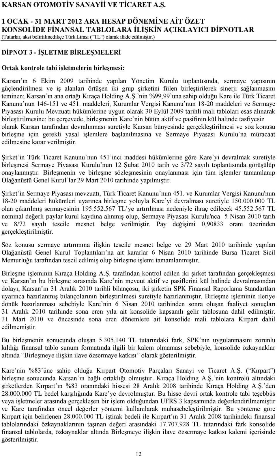 örtüģen iki grup Ģirketini fiilen birleģtirilerek sinerji sağlanmasını teminen; Karsan ın ana ortağı Kıraça Holding A.ġ. nin %99,99 una sahip olduğu Kare ile Türk Ticaret Kanunu nun 146-151 ve 451.