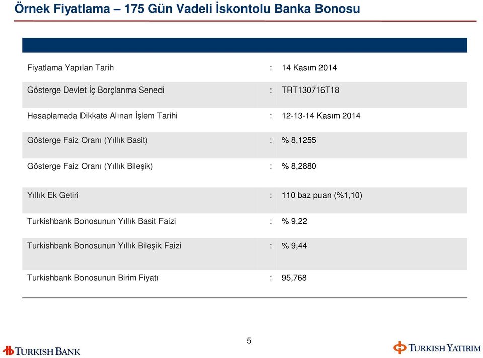 Basit) : % 8,1255 Gösterge Faiz Oranı (Yıllık Bileşik) : % 8,2880 Yıllık Ek Getiri : 110 baz puan (%1,10) Turkishbank