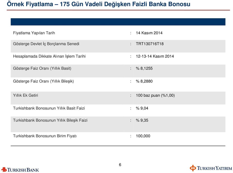 Basit) : % 8,1255 Gösterge Faiz Oranı (Yıllık Bileşik) : % 8,2880 Yıllık Ek Getiri : 100 baz puan (%1,00) Turkishbank
