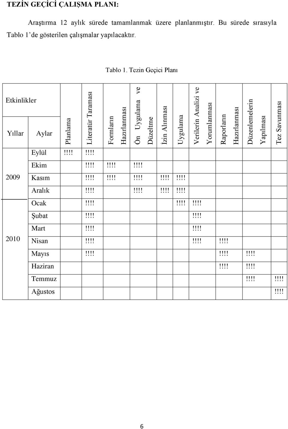 Bu sürede sırasıyla Tablo 1 de gösterilen çalıģmalar yapılacaktır. Tablo 1. Tezin Geçici Planı Etkinlikler Yıllar 2009 2010 Aylar Eylül!!!!!!!! Ekim!