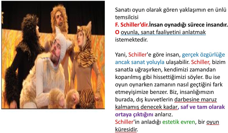 Schiller, bizim sanatla uğraşırken, kendimizi zamandan koparılmış gibi hissettiğimizi söyler.