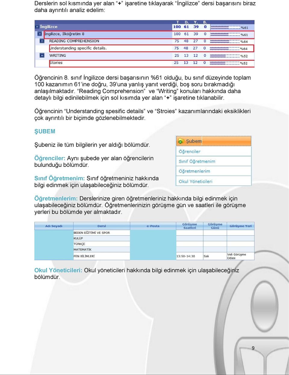 Reading Comprehension ve Writing konuları hakkında daha detaylı bilgi edinilebilmek için sol kısımda yer alan + işaretine tıklanabilir.