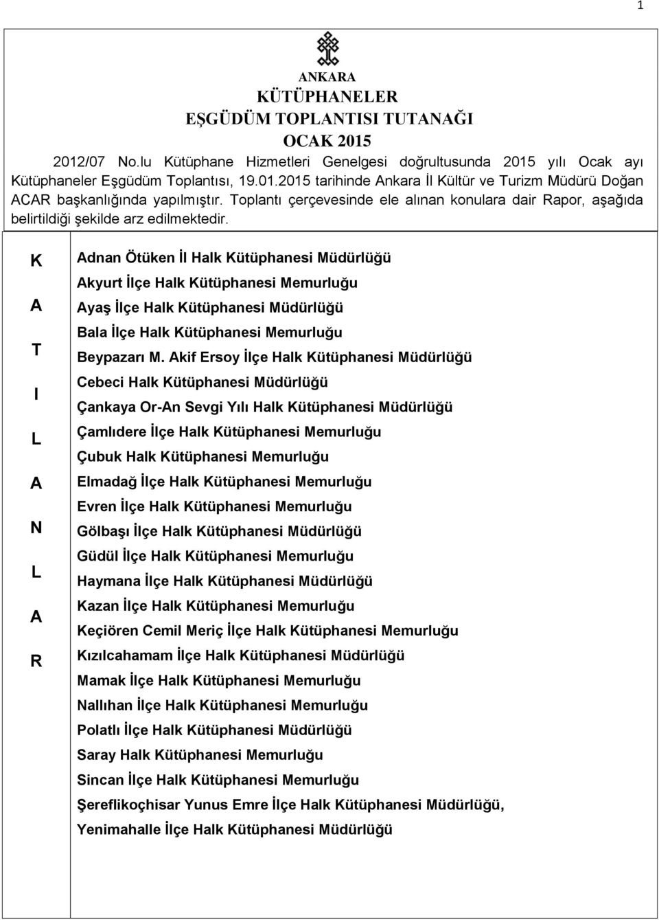 K A T I L A N L A Adnan Ötüken İl Halk Kütüphanesi üdürlüğü Akyurt İlçe Halk Kütüphanesi emurluğu Ayaş İlçe Halk Kütüphanesi üdürlüğü Bala İlçe Halk Kütüphanesi emurluğu Beypazarı.