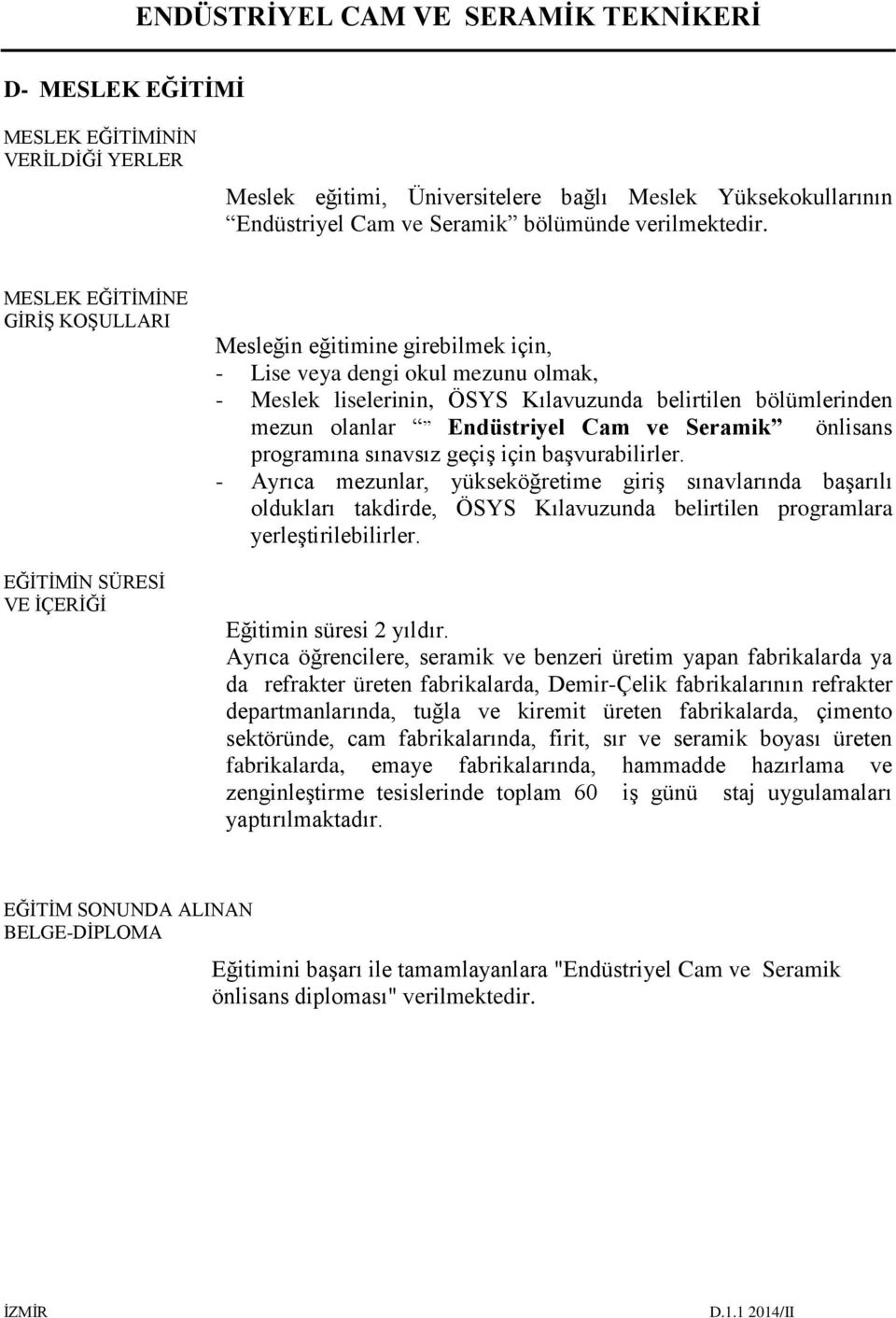 mezun olanlar Endüstriyel Cam ve Seramik önlisans programına sınavsız geçiş için başvurabilirler.