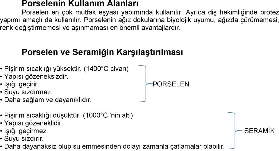 Porselen ve Seramiğin Karşılaştırılması Porselen Pişirim sıcaklığı yüksektir. (1400 C civarı) Yapısı gözeneksizdir. Işığı geçirir. Suyu sızdırmaz.