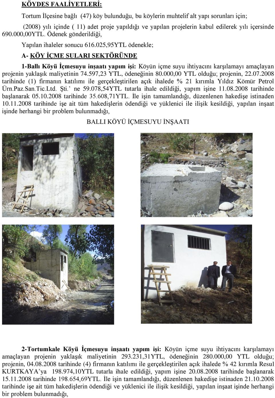 025,95YTL ödenekle; A- KÖY ĠÇME SULARI SEKTÖRÜNDE 1-Ballı Köyü Ġçmesuyu inģaatı yapım iģi: Köyün içme suyu ihtiyacını karģılamayı amaçlayan projenin yaklaģık maliyetinin 74.597,23 YTL, ödeneğinin 80.
