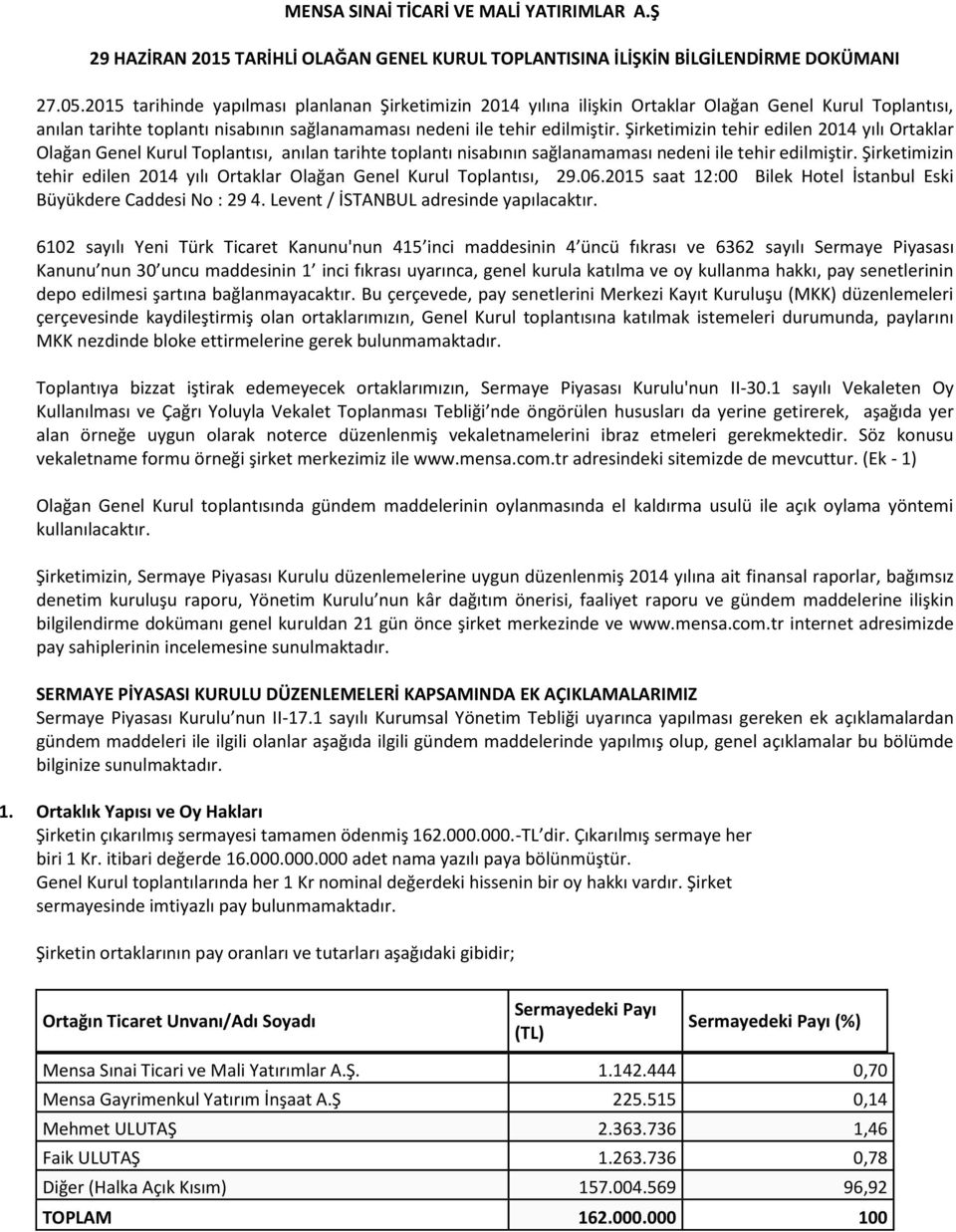 Şirketimizin tehir edilen 2014 yılı Ortaklar Olağan Genel Kurul Toplantısı, anılan tarihte toplantı nisabının sağlanamaması nedeni ile tehir edilmiştir.