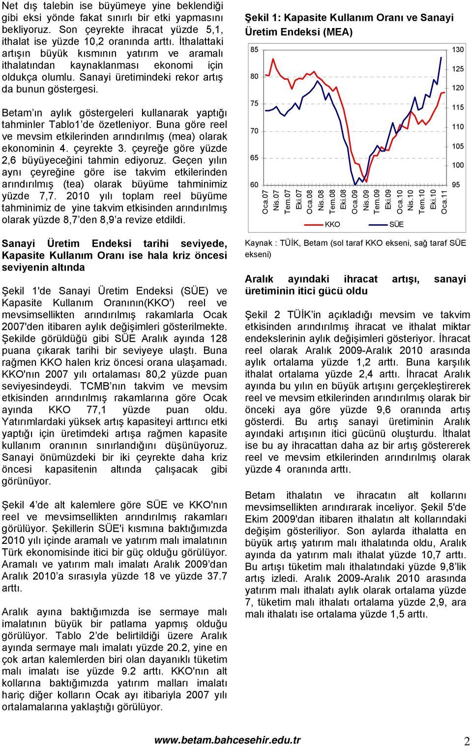 Betam ın aylık göstergeleri kullanarak yaptığı tahminler Tablo1 de özetleniyor. Buna göre reel ve mevsim etkilerinden arındırılmış (mea) olarak ekonominin 4. çeyrekte 3.