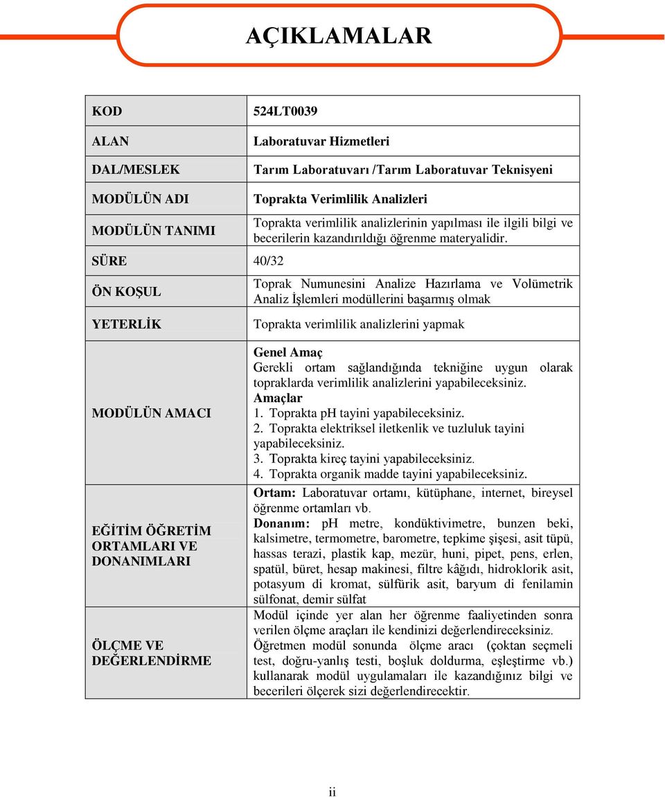 Toprak Numunesini Analize Hazırlama ve Volümetrik Analiz ĠĢlemleri modüllerini baģarmıģ olmak Toprakta verimlilik analizlerini yapmak MODÜLÜN AMACI EĞĠTĠM ÖĞRETĠM ORTAMLARI VE DONANIMLARI ÖLÇME VE