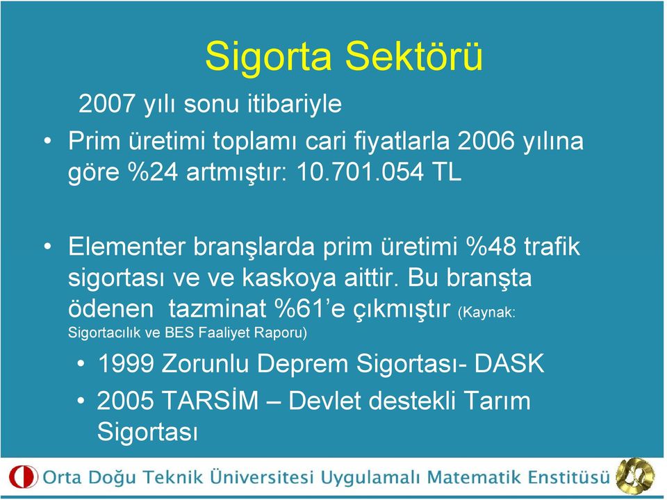 054 TL Elementer branşlarda prim üretimi %48 trafik sigortası ve ve kaskoya aittir.