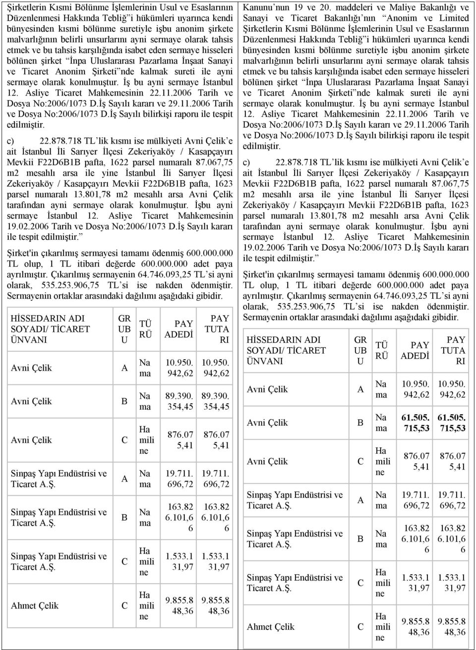 olarak konulmuştur. İş bu ayni serye İstanbul 12. sliye Ticaret Mahkemesinin 22.11.2 Tarih ve Dosya No:2/173 D.İş Sayılı kararı ve 29.11.2 Tarih ve Dosya No:2/173 D.İş Sayılı bilirkişi raporu ile tespit edilmiştir.