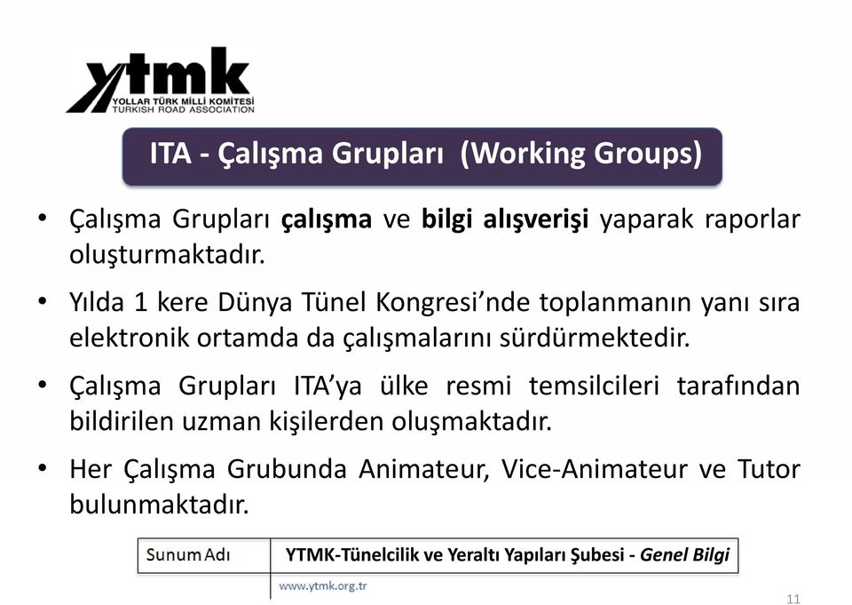 Yılda 1 kere Dünya Tünel Kongresi nde toplanmanın yanı sıra elektronik ortamda da çalışmalarını