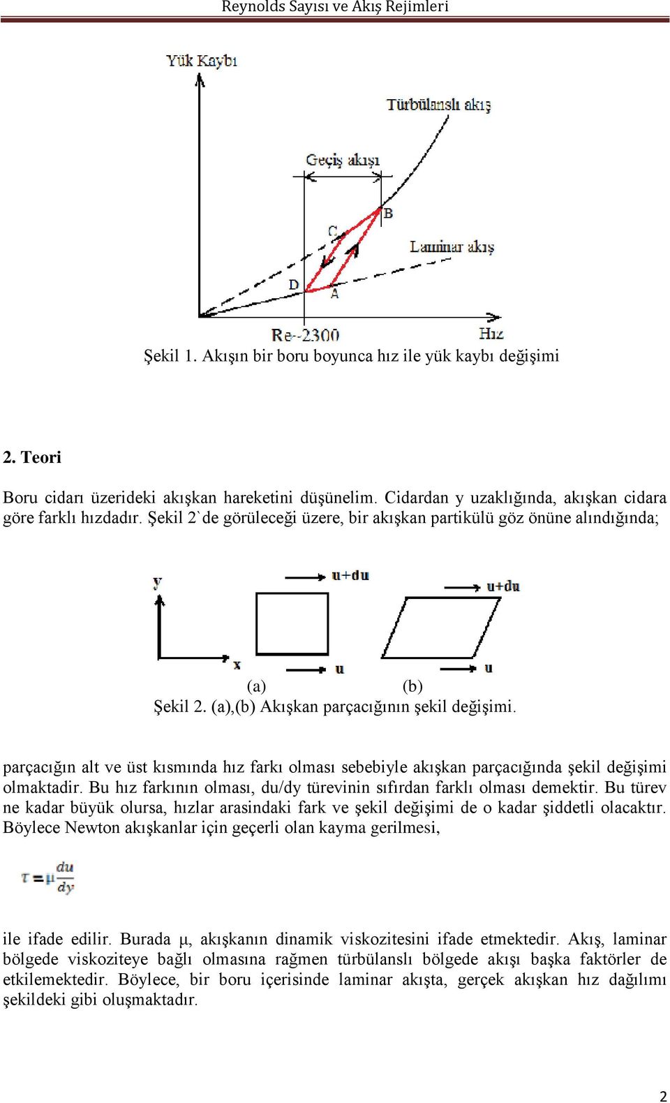 parçacığın alt ve üst kısmında hız farkı olması sebebiyle akışkan parçacığında şekil değişimi olmaktadir. Bu hız farkının olması, du/dy türevinin sıfırdan farklı olması demektir.