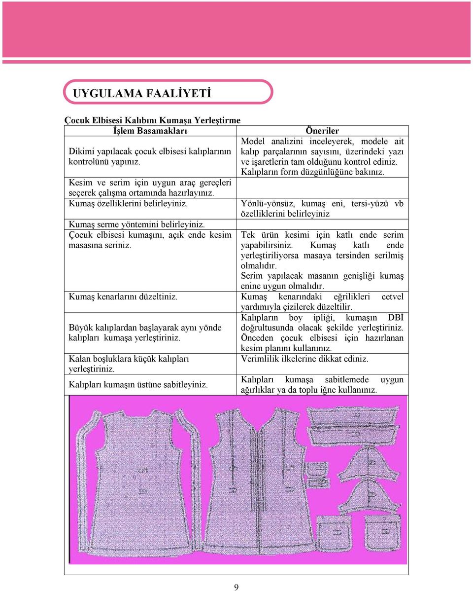 Çocuk elbisesi kumaşını, açık ende kesim masasına seriniz. Öneriler Model analizini inceleyerek, modele ait kalıp parçalarının sayısını, üzerindeki yazı ve işaretlerin tam olduğunu kontrol ediniz.