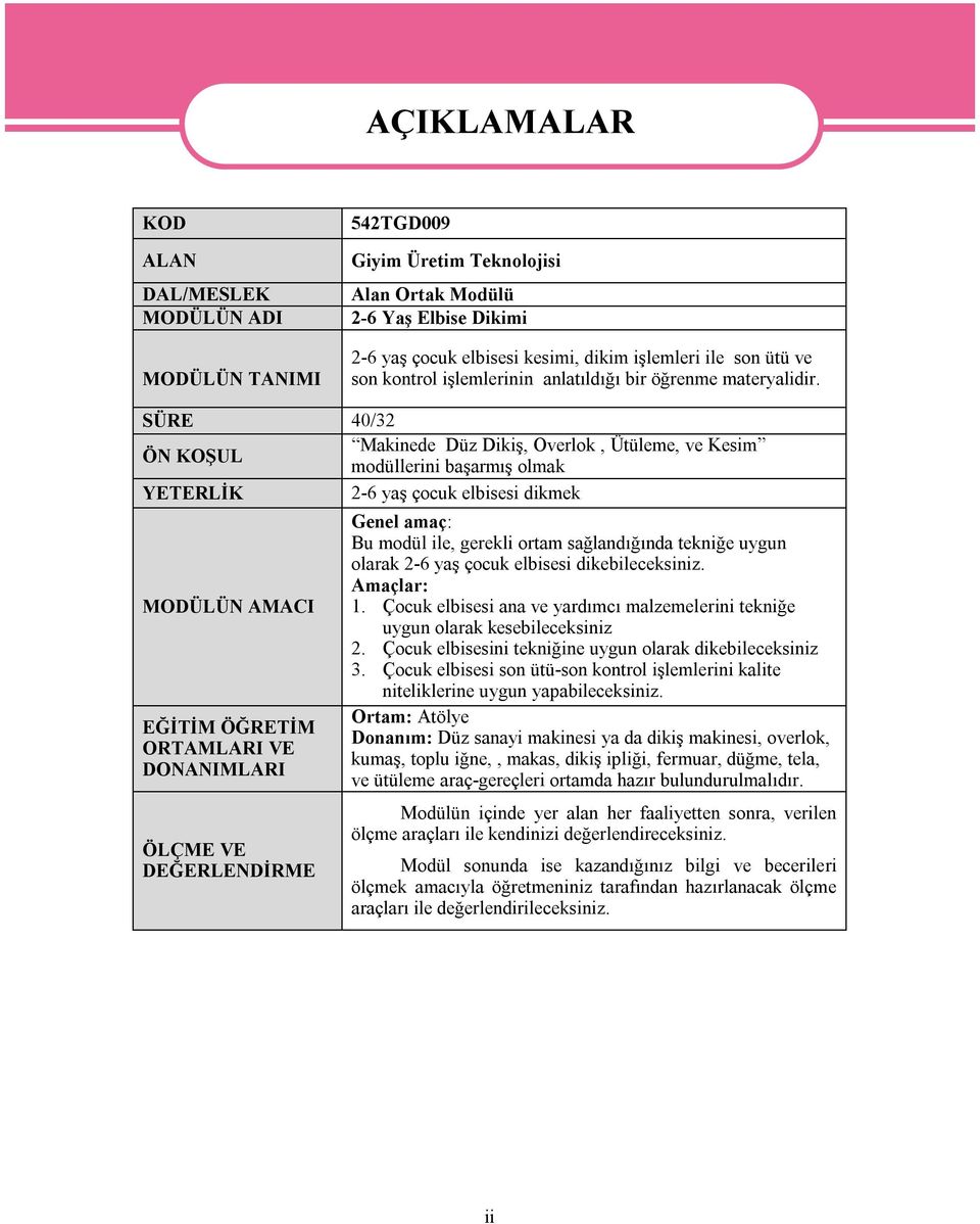 SÜRE 40/32 ÖN KOŞUL Makinede Düz Dikiş, Overlok, Ütüleme, ve Kesim modüllerini başarmış olmak YETERLİK 2-6 yaş çocuk elbisesi dikmek MODÜLÜN AMACI EĞİTİM ÖĞRETİM ORTAMLARI VE DONANIMLARI ÖLÇME VE