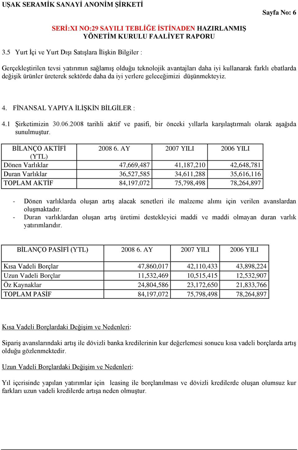 daha da iyi yerlere geleceğimizi düşünmekteyiz. 4. FİNANSAL YAPIYA İLİŞKİN BİLGİLER : 4.1 Şirketimizin 30.06.