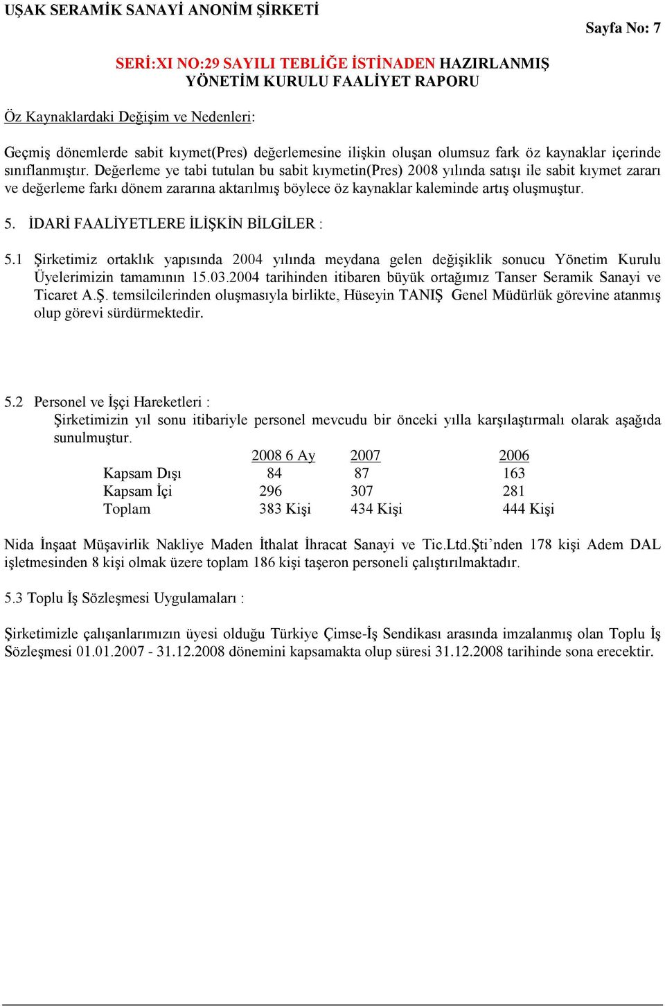 İDARİ FAALİYETLERE İLİŞKİN BİLGİLER : 5.1 Şirketimiz ortaklık yapısında 2004 yılında meydana gelen değişiklik sonucu Yönetim Kurulu Üyelerimizin tamamının 15.03.