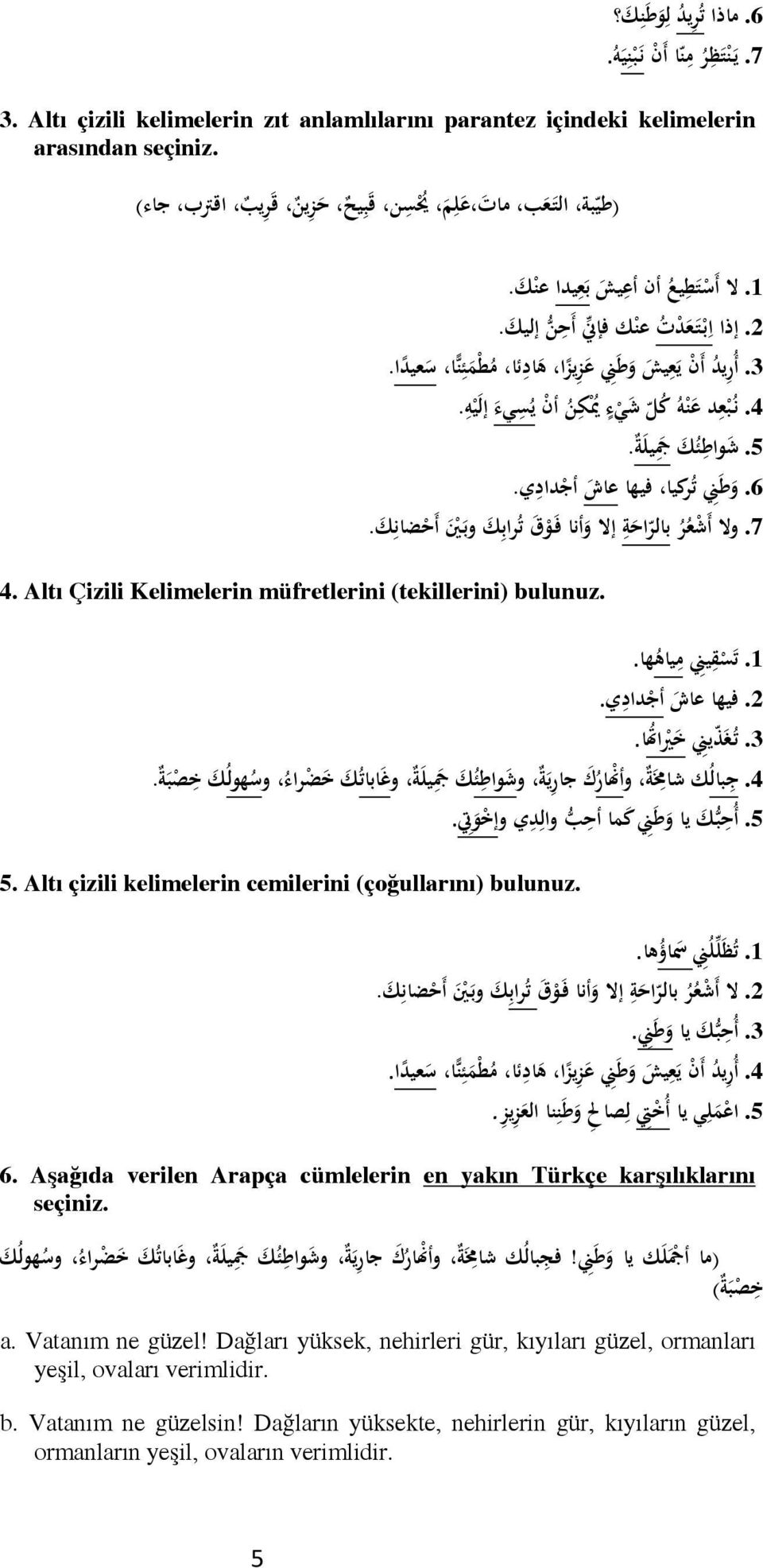 أ ر يد أ ن ي ع ي ش و ط ني ع ز يز ا ه اد ي ا م ط م ي ن ا س عيد ا. 4. ن ب ع د ع ن ه ك ل ش ي ء يم ك ن أ ن ي س يء إل ي ه. 5. ش واط ي ك جم يل ة. 6. و ط ني ت ركيا فيها عا ش أج داد ي. 7.