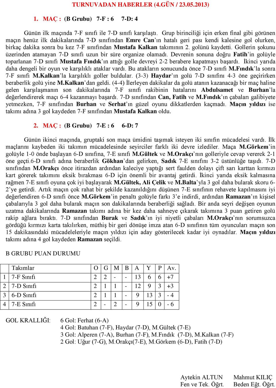 Kalkan takımının 2. golünü kaydetti. Gollerin şokunu üzerinden atamayan 7-D sınıfı uzun bir süre organize olamadı.