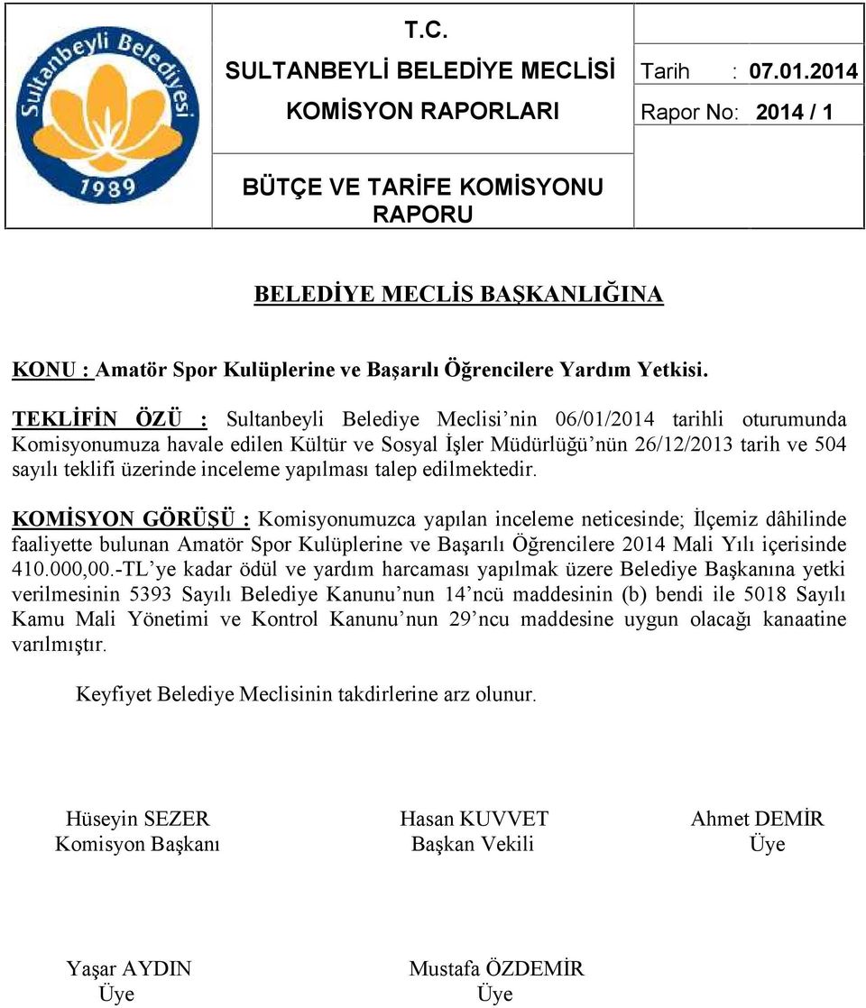 KOMİSYON GÖRÜŞÜ : Komisyonumuzca yapılan inceleme neticesinde; İlçemiz dâhilinde faaliyette bulunan Amatör Spor Kulüplerine ve Başarılı Öğrencilere 2014 Mali Yılı içerisinde 410.000,00.