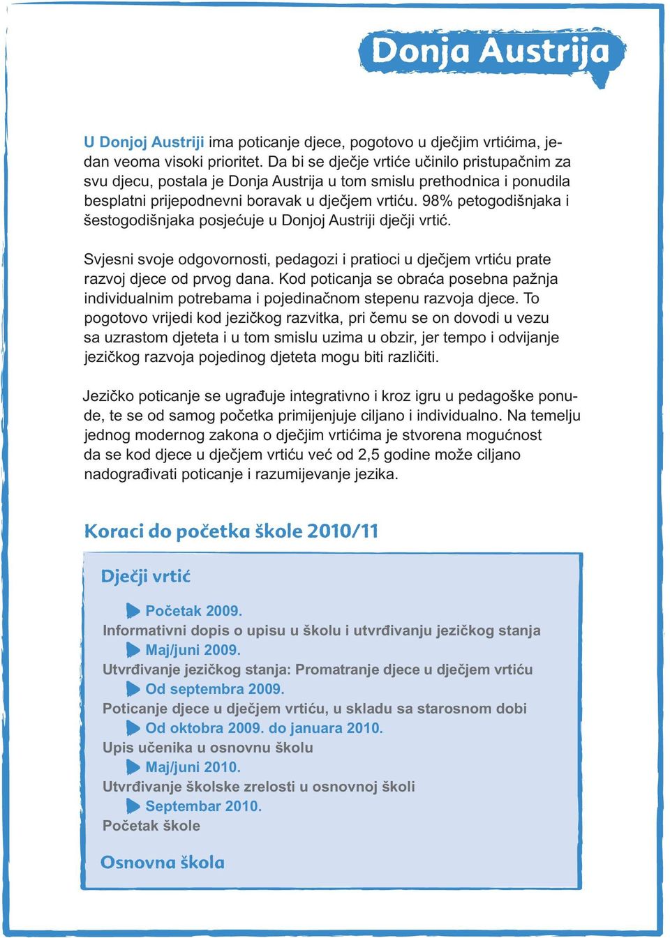 98% petogodišnjaka i šestogodišnjaka posjećuje u Donjoj Austriji dječji vrtić. Svjesni svoje odgovornosti, pedagozi i pratioci u dječjem vrtiću prate razvoj djece od prvog dana.