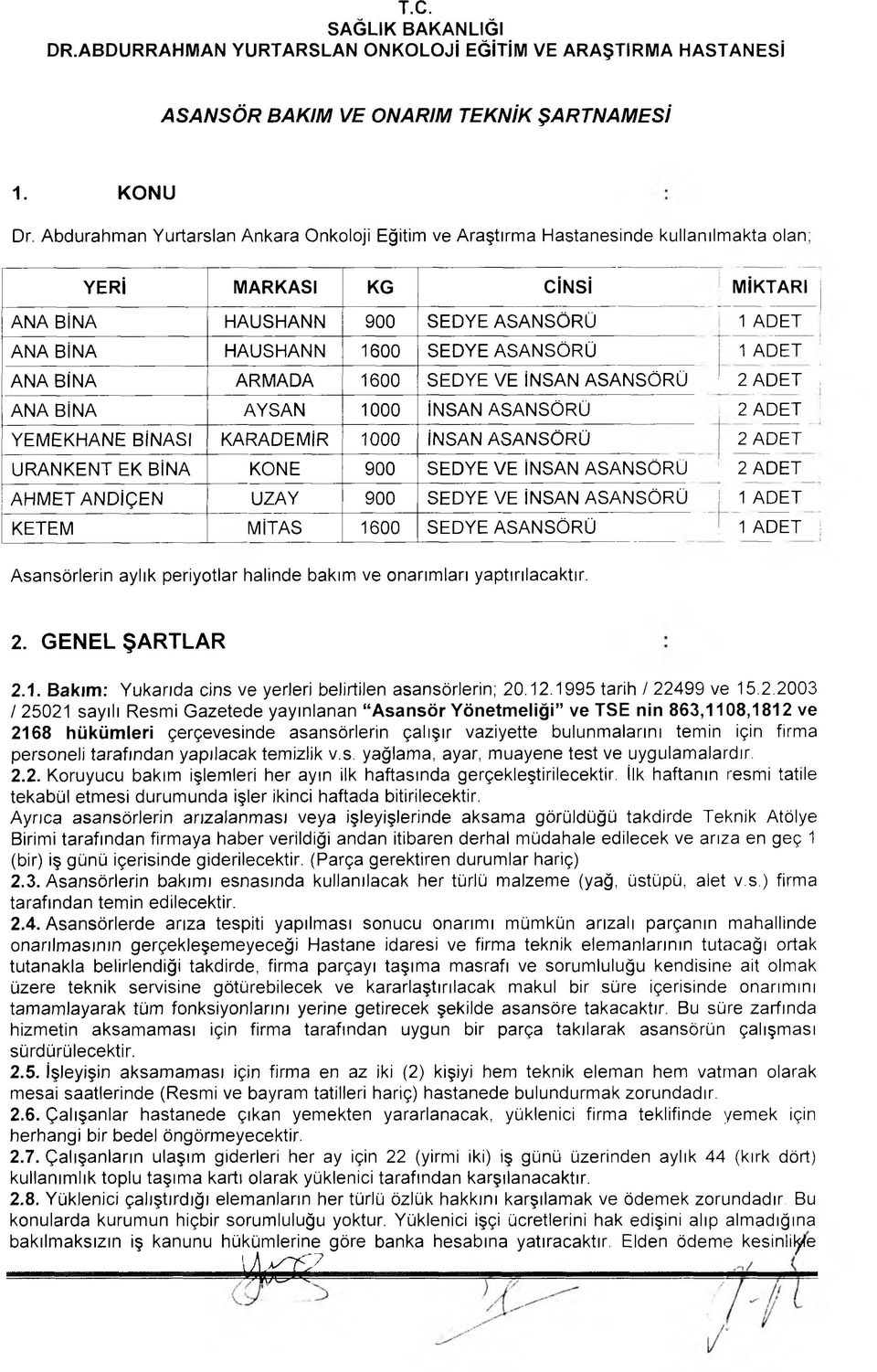 ASANSÖRÜ 1 ADET ANA BİNA ARMADA 1600 SEDYE VE İNSAN ASANSÖRÜ 2 ADET ANA BİNA AYSAN 1000 İNSAN ASANSÖRÜ 2 ADET YEMEKHANE BİNASI KARADEMİR 1000 İNSAN ASANSÖRÜ 2 ADET URANKENT EK BİNA KONE 900 SEDYE VE