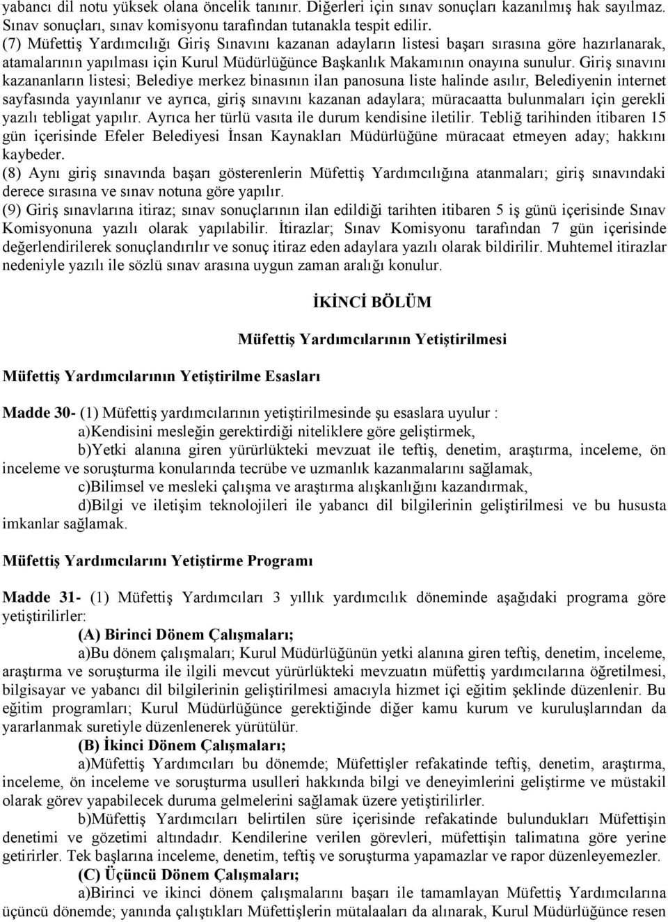 Giriş sınavını kazananların listesi; Belediye merkez binasının ilan panosuna liste halinde asılır, Belediyenin internet sayfasında yayınlanır ve ayrıca, giriş sınavını kazanan adaylara; müracaatta