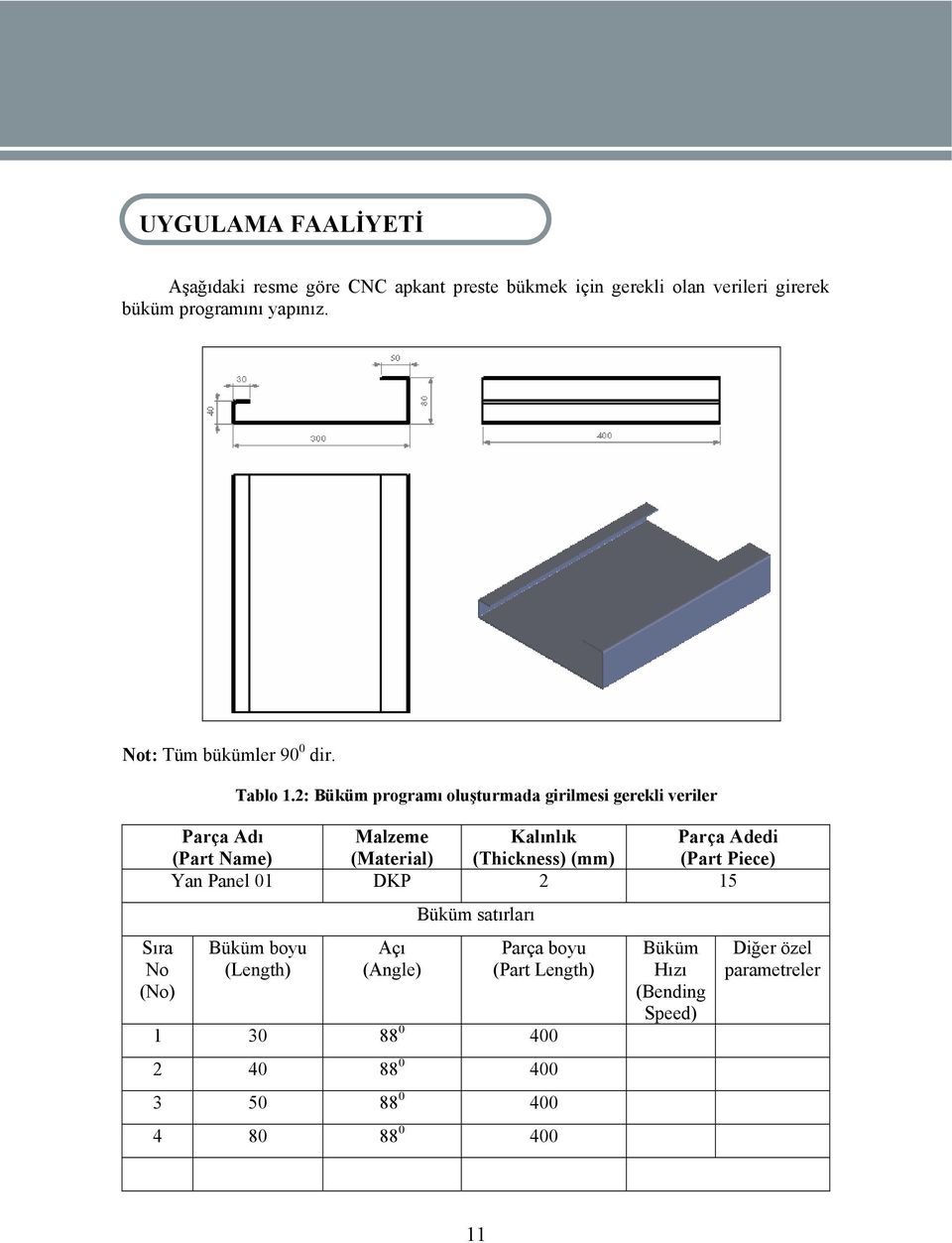 2: Büküm programı oluşturmada girilmesi gerekli veriler Parça Adı Malzeme Kalınlık Parça Adedi (Part Name) (Material) (Thickness) (mm) (Part