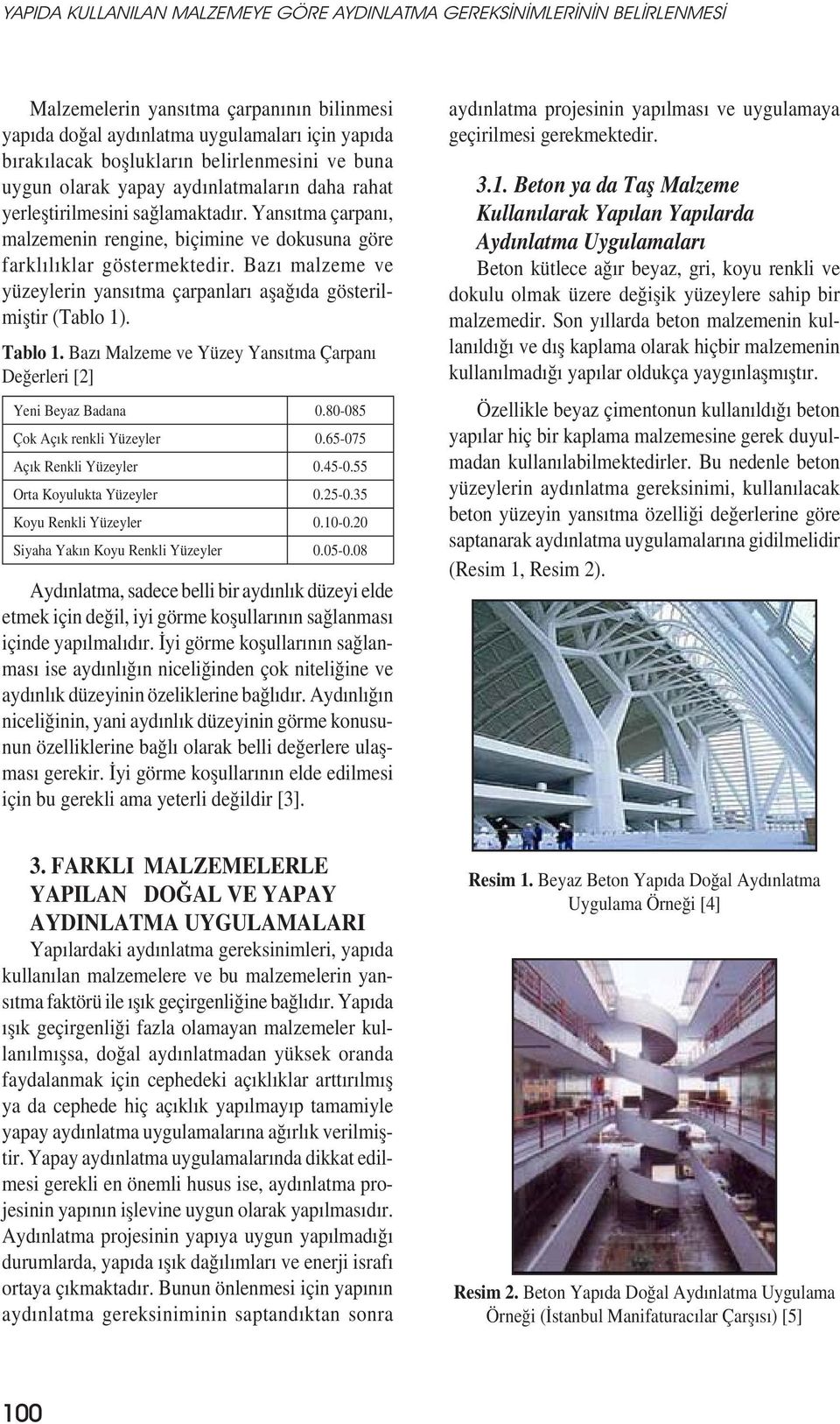 Bazı malzeme ve yüzeylerin yansıtma çarpanları așağıda gösterilmiștir (Tablo 1). Tablo 1. Bazı Malzeme ve Yüzey Yansıtma Çarpanı Değerleri [2] Yeni Beyaz Badana 0.80-085 Çok Açık renkli Yüzeyler 0.