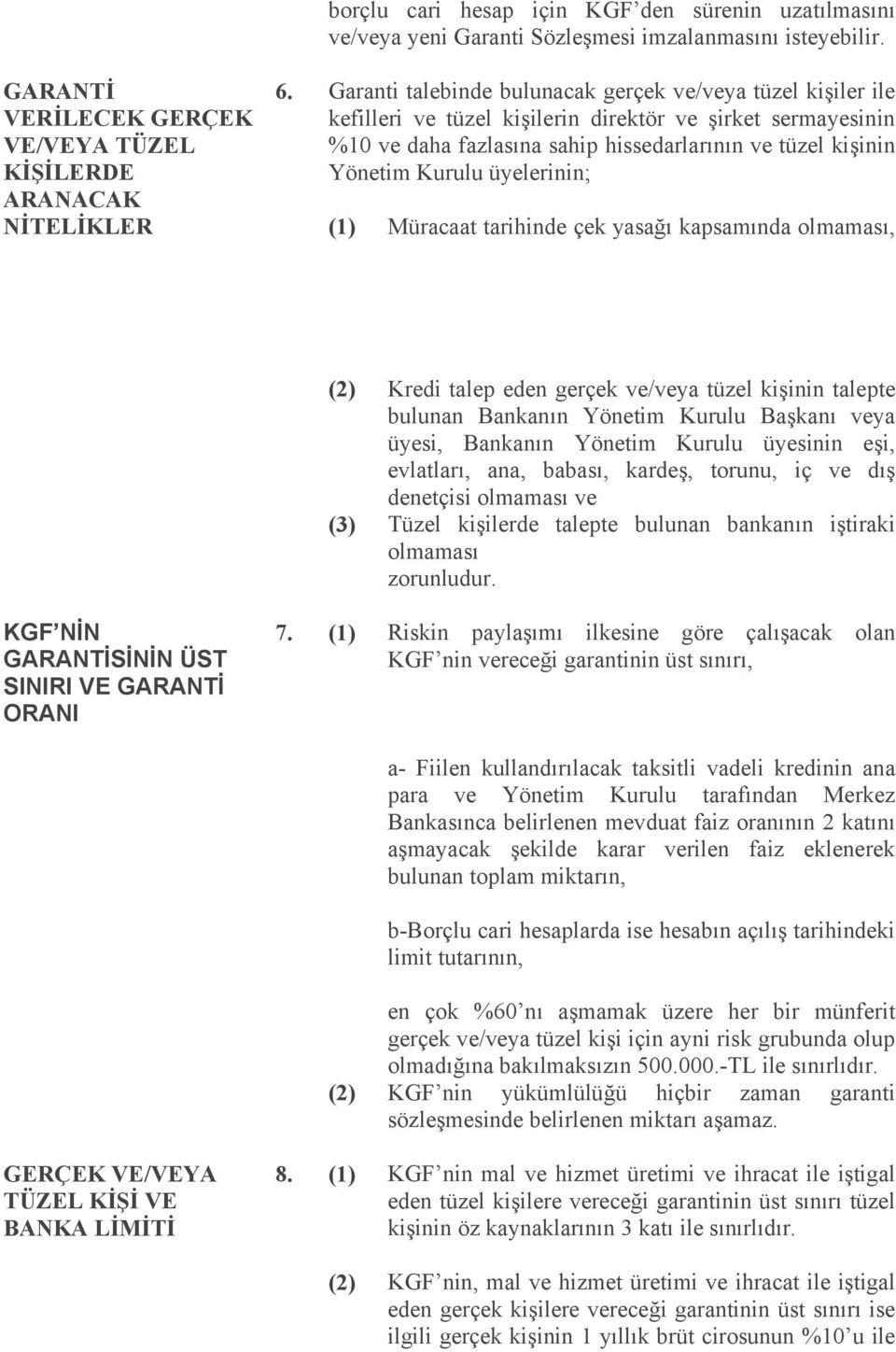 üyelerinin; NİTELİKLER (1) Müracaat tarihinde çek yasağı kapsamında olmaması, (2) Kredi talep eden gerçek ve/veya tüzel kişinin talepte bulunan Bankanın Yönetim Kurulu Başkanı veya üyesi, Bankanın