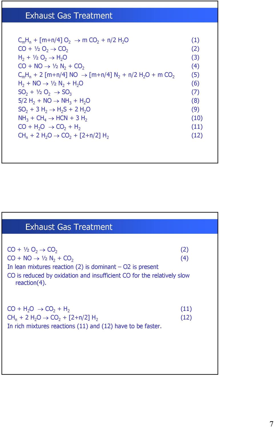+ 2 H 2 O CO 2 + [2+n/2] H 2 (12) Exhaust Gas Treatment CO + ½ O 2 CO 2 (2) CO + NO ½N 2 + CO 2 (4) In lean mixtures reaction (2) is dominant O2 is present CO is reduced by oxidation