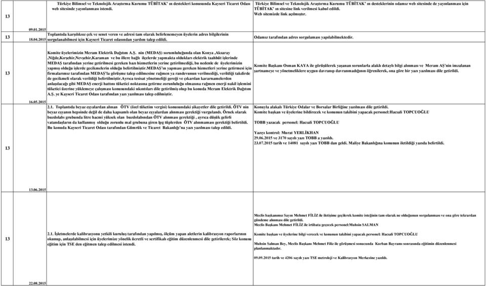 01.2015 18.04.2015 Toplantıda karşılıksız çek ve senet veren ve adresi tam olarak belirlenemeyen üyelerin adres bilgilerinin sorgulanabilmesi için Kayseri Ticaret odasından yardım talep edildi.