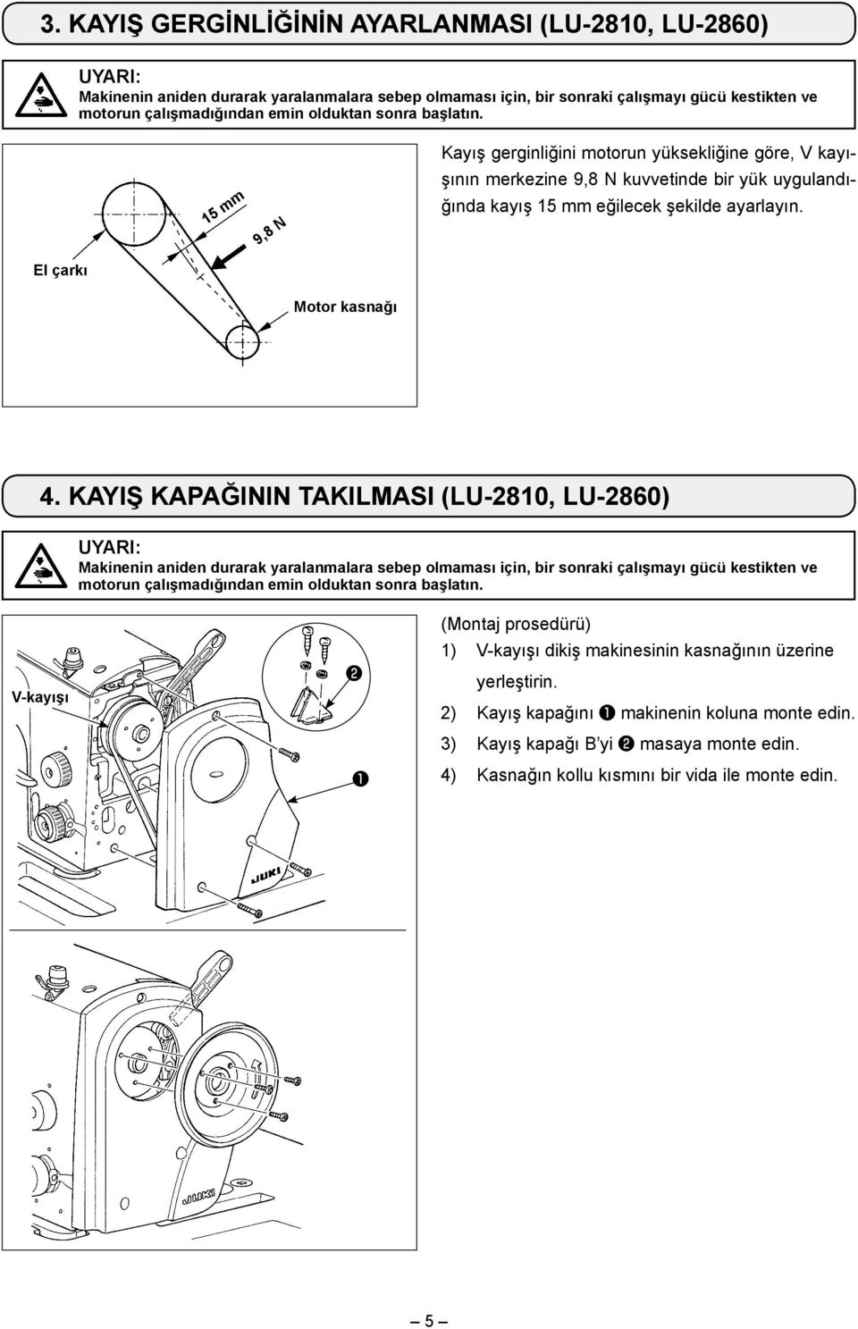 KAYIŞ KAPAĞININ TAKILMASI (LU-2810, LU-2860) V-kayışı (Montaj prosedürü) 1) V-kayışı dikiş makinesinin kasnağının üzerine