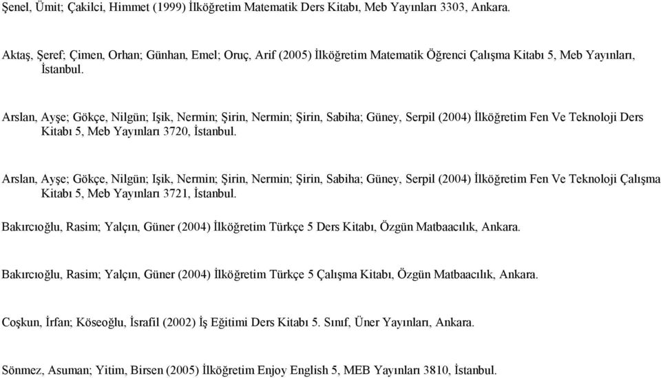 Arslan, Ayşe; Gökçe, Nilgün; Işik, Nermin; Şirin, Nermin; Şirin, Sabiha; Güney, Serpil (2004) İlköğretim Fen Ve Teknoloji Ders Kitabı 5, Meb Yayınları 3720, İstanbul.