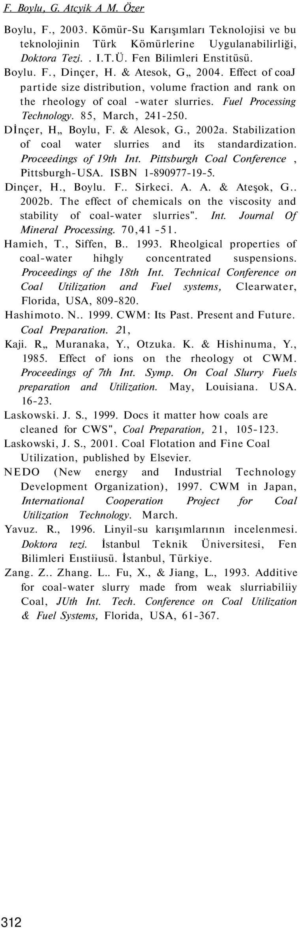 & Alesok, G., 2002a. Stabilization of coal water slurries and its standardization. Proceedings of 19th Int. Pittsburgh Coal Conference, Pittsburgh-USA. ISBN 1-890977-19-5. Dinçer, H., Boylu. F.