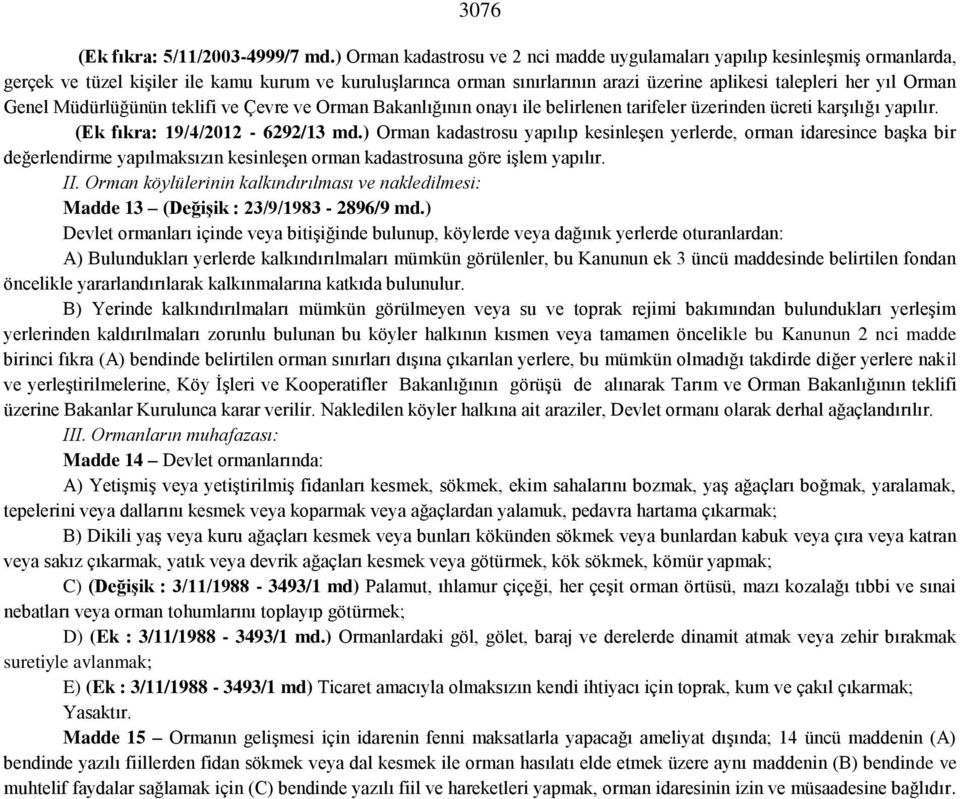 Orman Genel Müdürlüğünün teklifi ve Çevre ve Orman Bakanlığının onayı ile belirlenen tarifeler üzerinden ücreti karşılığı yapılır. (Ek fıkra: 19/4/2012-6292/13 md.