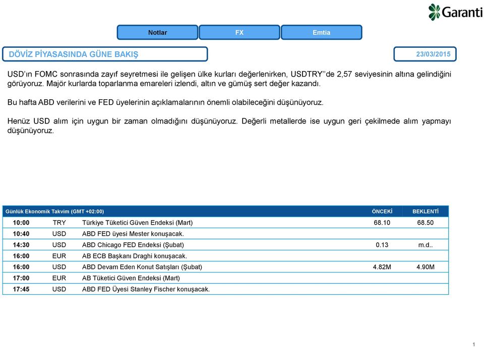 Henüz USD alım için uygun bir zaman olmadığını düşünüyoruz. Değerli metallerde ise uygun geri çekilmede alım yapmayı düşünüyoruz.