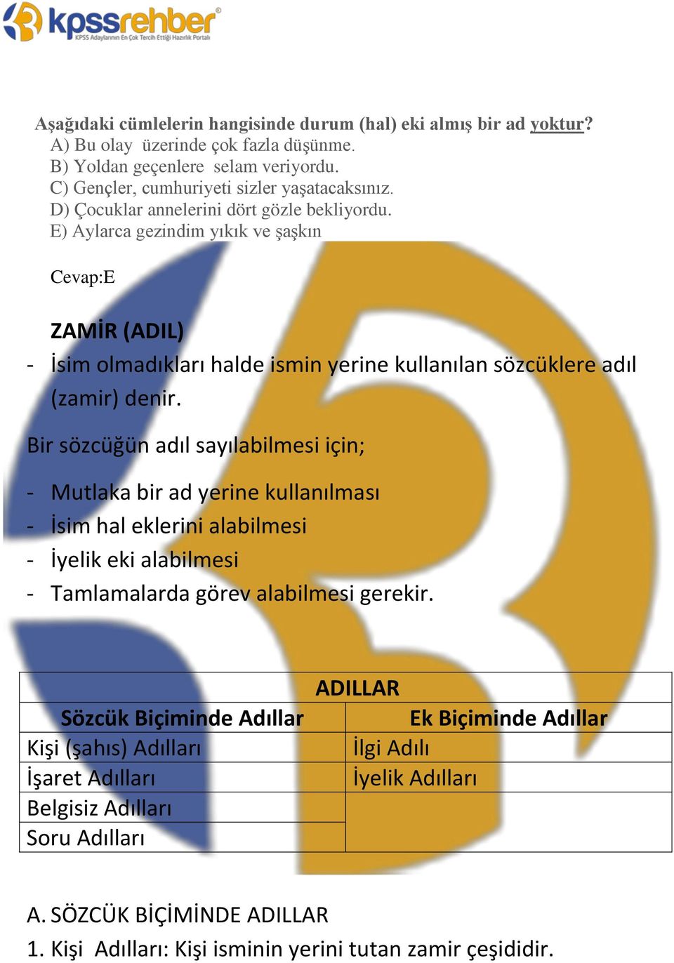 Bir sözcüğün adıl sayılabilmesi için; - Mutlaka bir ad yerine kullanılması - İsim hal eklerini alabilmesi - İyelik eki alabilmesi - Tamlamalarda görev alabilmesi gerekir.