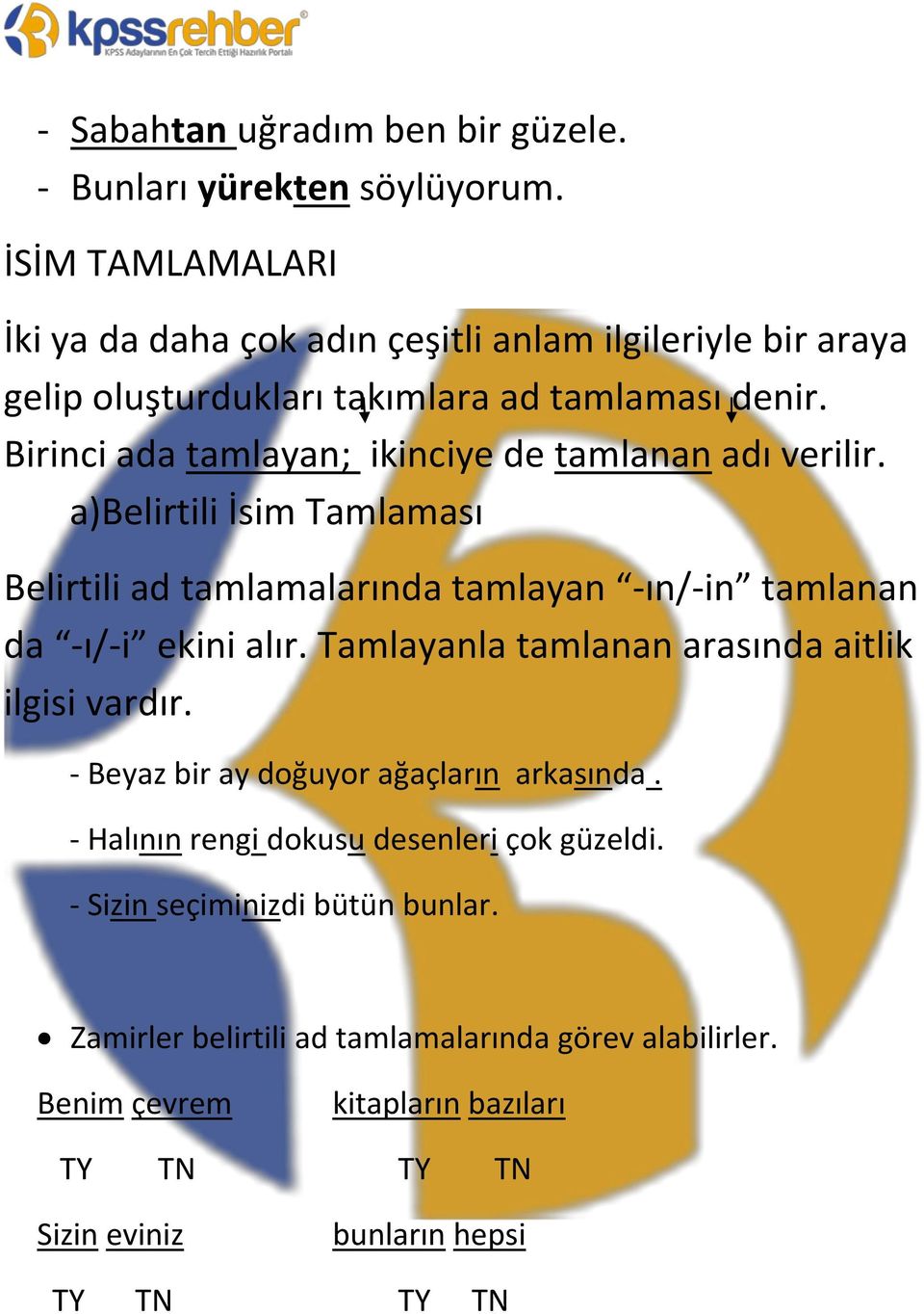 Birinci ada tamlayan; ikinciye de tamlanan adı verilir. a)belirtili İsim Tamlaması Belirtili ad tamlamalarında tamlayan -ın/-in tamlanan da -ı/-i ekini alır.