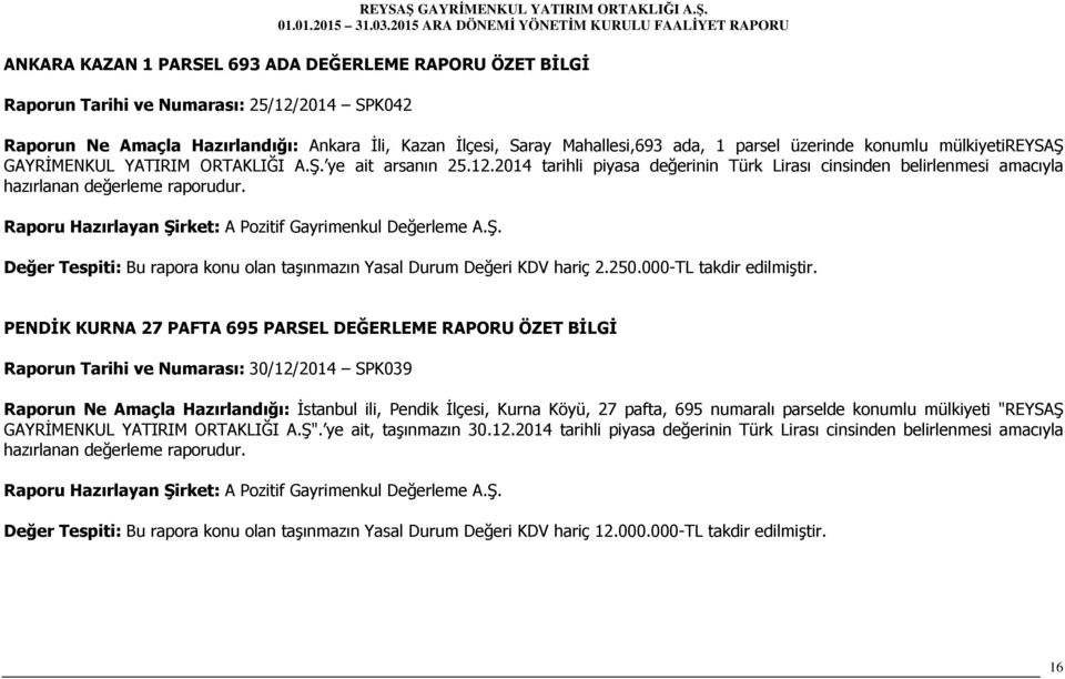 Değer Tespiti: Bu rapora konu olan taşınmazın Yasal Durum Değeri KDV hariç 2.250.000-TL takdir edilmiştir.