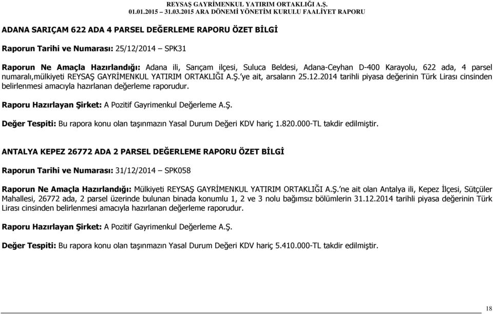 2014 tarihli piyasa değerinin Türk Lirası cinsinden belirlenmesi amacıyla hazırlanan değerleme raporudur. Değer Tespiti: Bu rapora konu olan taşınmazın Yasal Durum Değeri KDV hariç 1.820.