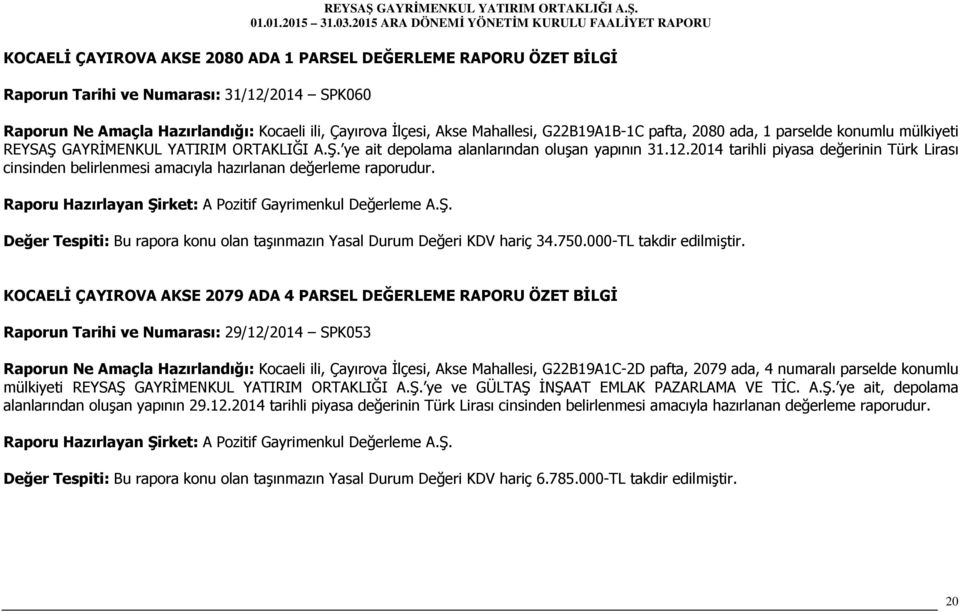 2014 tarihli piyasa değerinin Türk Lirası cinsinden belirlenmesi amacıyla hazırlanan değerleme raporudur. Değer Tespiti: Bu rapora konu olan taşınmazın Yasal Durum Değeri KDV hariç 34.750.